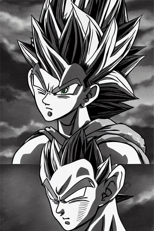 Image similar to prince vegeta, portait, grayscale photography, very detailed, dynamic lighting, akira toriyama