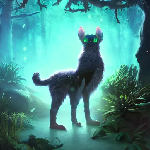 Prompt: bioluminescent cute furry beast on a dreamy biome of oddities, enchanted, magical, fantasy, hyper realism, intricate, digital art, detailed, studio shot, unreal engine 5, octane, high definition, smooth, artstation, behance