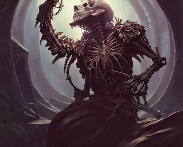 Image similar to oldman casting summon skeleton, deep focus, d & d, fantasy, intricate, elegant, highly detailed, digital painting, artstation, concept art, matte, sharp focus, illustration, hearthstone, art by artgerm and greg rutkowski and alphonse mucha
