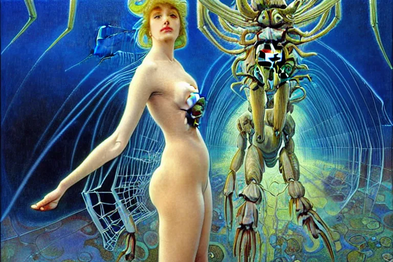 Image similar to realistic extremely detailed portrait painting of a fully dressed woman with a giant spider, futuristic sci-fi landscape on background by Jean Delville, Amano, Yves Tanguy, Alphonse Mucha, Ernst Haeckel, Edward Robert Hughes, Roger Dean, rich moody colours, blue eyes