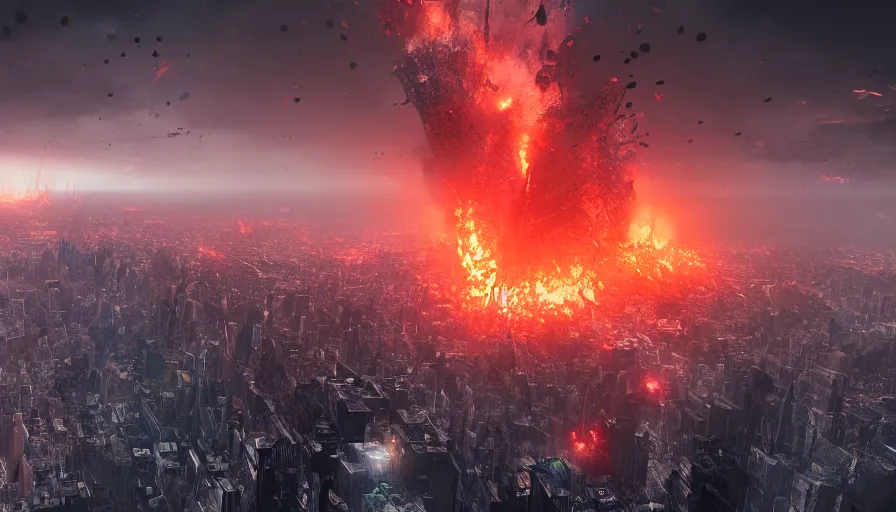 Image similar to New York City destroyed by volcano, hyperdetailed, artstation, cgsociety, 8k