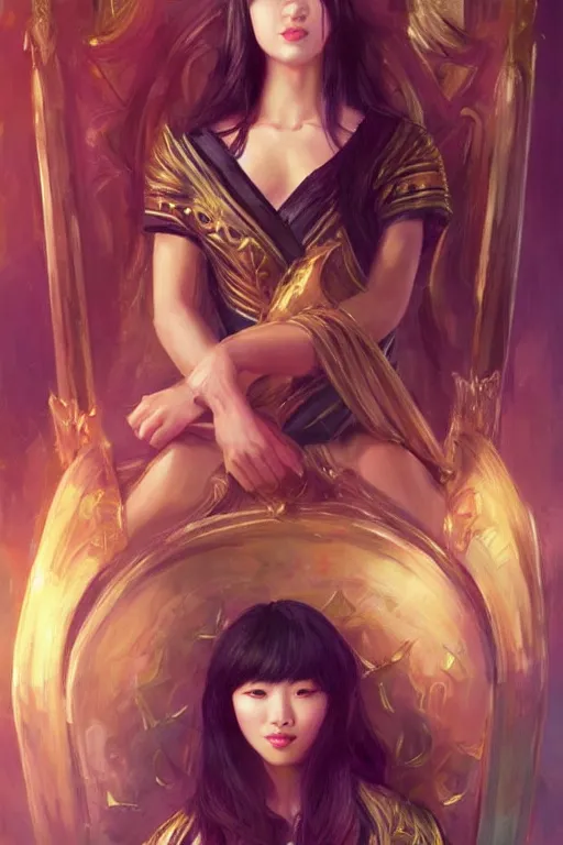 Prompt: portrait of a beautiful young asian woman with shoulder length hair and strong facial bone structure, queen and ruler of the universe, sitting on her throne, men kneeling at her feet, painting by ross tran