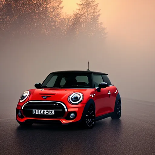 Image similar to parked red Mini Cooper S, fog, rain, volumetric lighting, beautiful, golden hour, sharp focus, highly detailed, cgsociety, widescreen