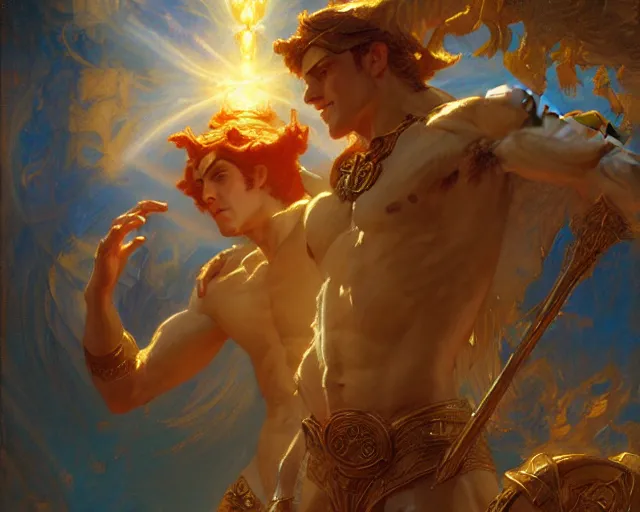 Image similar to attractive heroic male deity, casts magic, summoning handsome heroic lucifer morning star. highly detailed painting by gaston bussiere, craig mullins, j. c. leyendecker 8 k