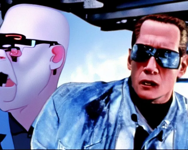 Image similar to a still of hank hill in terminator 2 judgement day