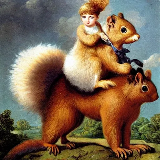 Image similar to a giant fluffy squirrel carrying napoleon bonaparte on its back, by sophie anderson