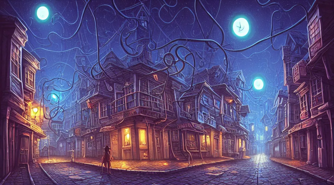 Image similar to street level view of a lovecraftian town. lovecraft. lovecraftian city at night by cyril rolando and naomi okubo and dan mumford and ricardo bofill. lovecraftian buildings. cobbled streets. lovecraftian landscape. swirly night sky.