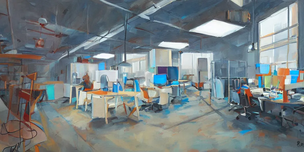 Image similar to painting workplace, art style by bryen frost