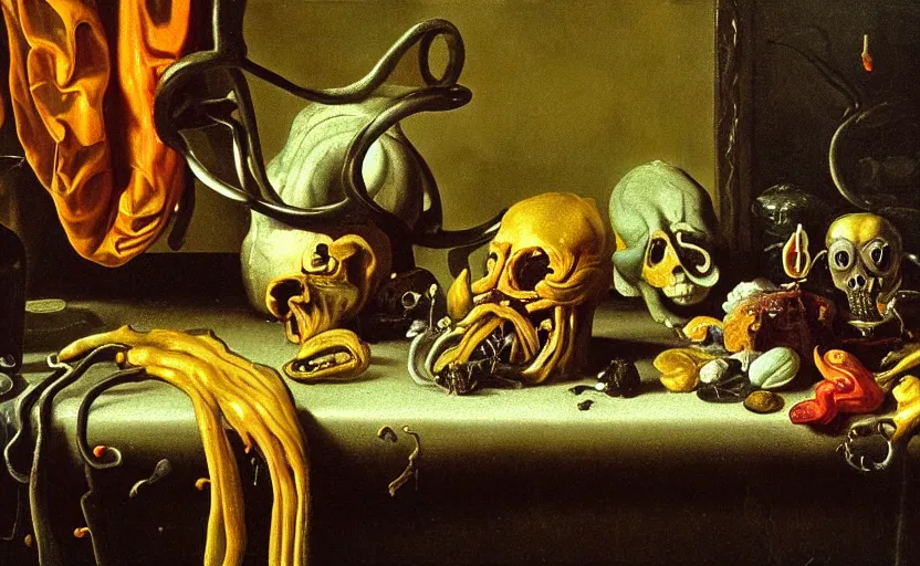 Image similar to disturbing colorful oil painting dutch golden age vanitas still life with bizarre objects strange gooey surfaces shiny metal bizarre insects tongue tendril teeth eyes rachel ruysch dali todd schorr very detailed perfect composition rule of thirds masterpiece canon 5 0 mm, cinematic lighting, photography, retro, film, kodachrome