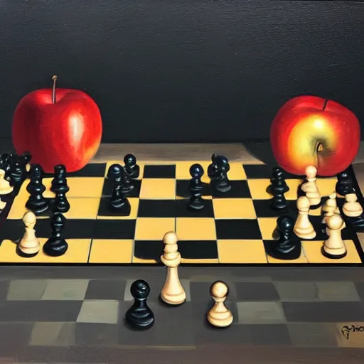 Prompt: two apples playing chess, realistic oil paint