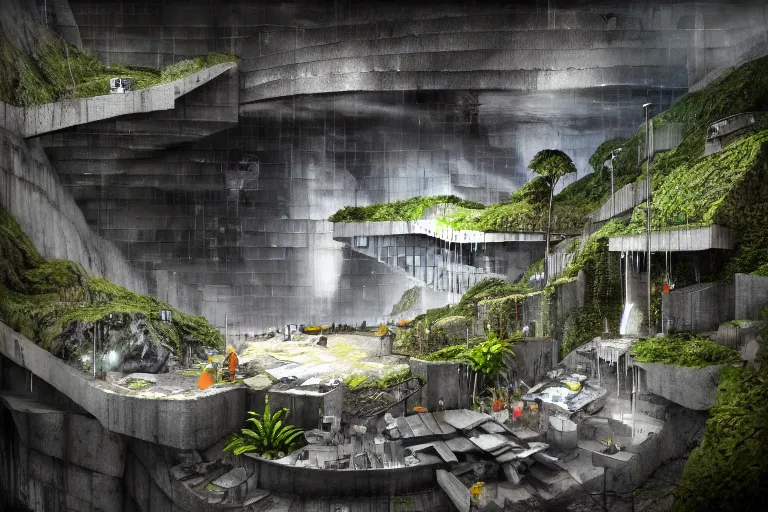 Image similar to favela bunker spaceship disco hive, brutalist waterfall environment, industrial factory, whimsical, award winning art, epic dreamlike fantasy landscape, ultra realistic,