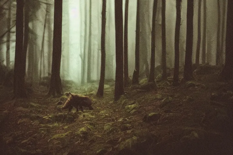 Image similar to terrible dark forest in the depths of which there is a Pudge from Dota 2 filmed hidden on a phone camera, Cinematic, wildlife photography, 35mm, photo on iphone