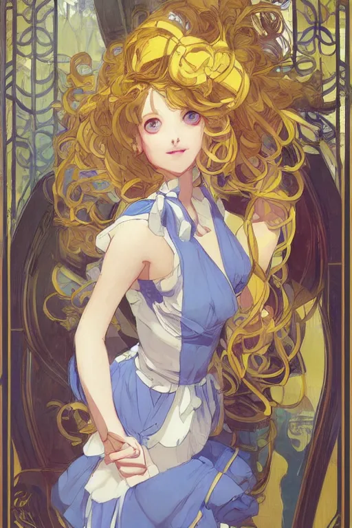 Prompt: A girl in a maid's outfit in a cafe a afternoon, wavy hair yellow theme with eye-catching blue assent ,S line,45 angel by krenz cushart and mucha and matchacha and greg rutkowski