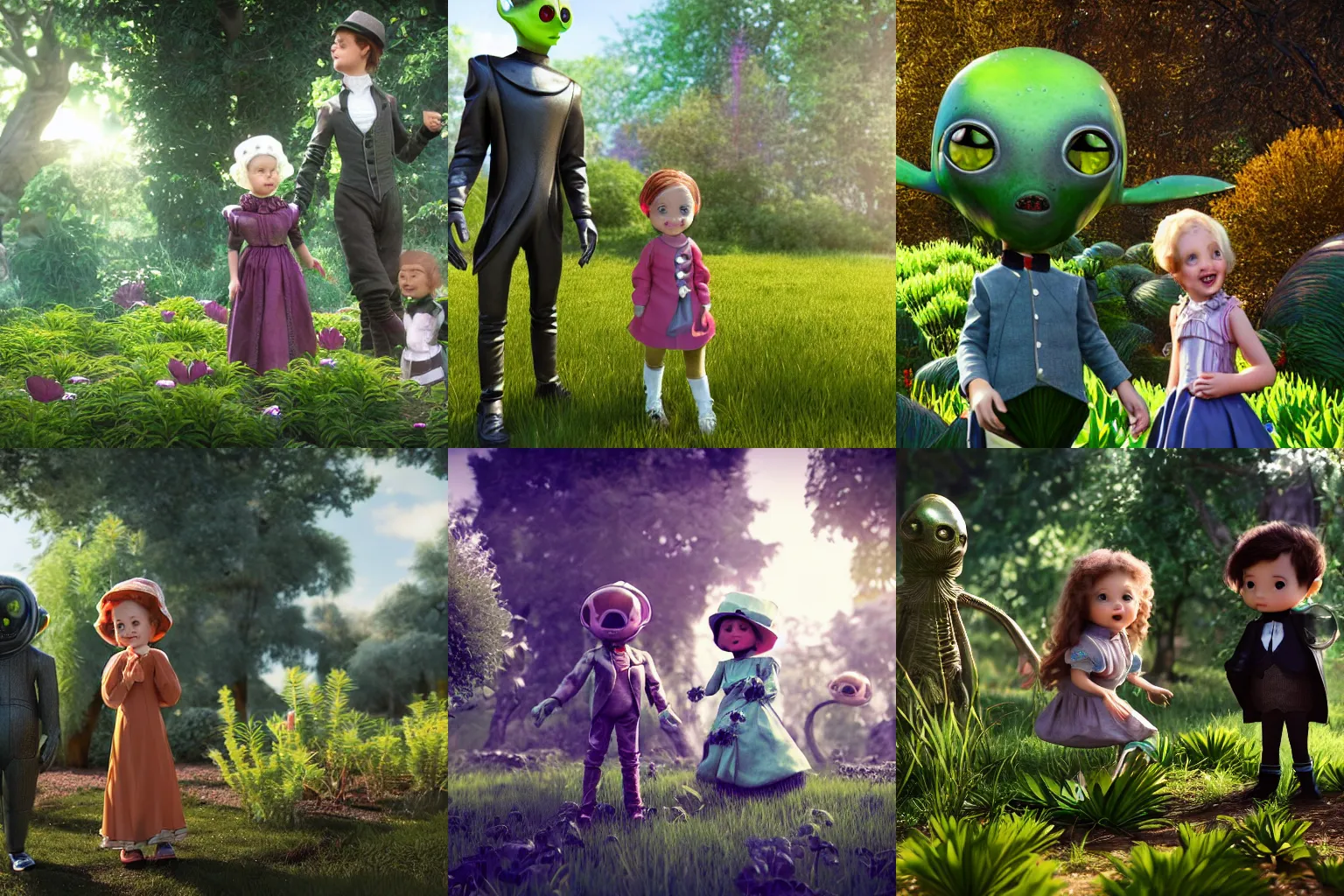 Prompt: a girl and a boy and a cute alien creature standing next to some alien plants, in a park on a alien planet, looking happy, wearing victorian clothes, ultra realistic facial details, enhanced faces, ultra photorealistic raytracing, 8k