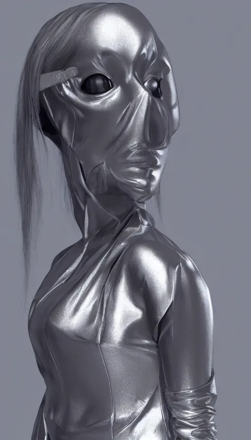 Image similar to a woman wearing a silver dress and a silver mask, cyberpunk art by zhou fang, cgsociety, computer art, daz 3 d, zbrush, rendered in maya