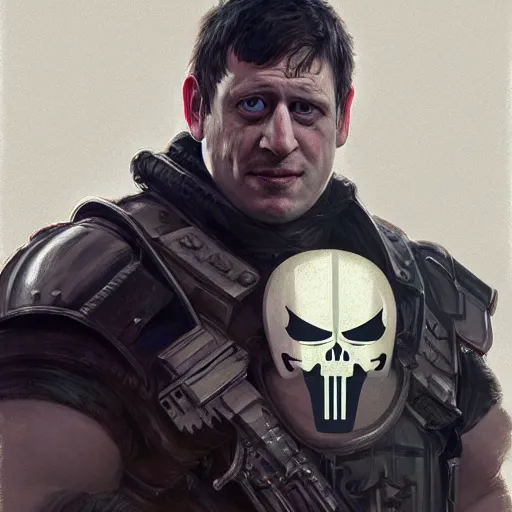 Image similar to Boris Johnson as Punisher, armor plate, realistic portrait, symmetrical, highly detailed, digital painting, artstation, concept art, smooth, sharp focus, illustration, cinematic lighting, art by artgerm and greg rutkowski and alphonse mucha