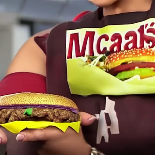 Prompt: a promotional advertisement from McDonald’s introducing the new McTrash, a burger made of trash now sold at McDonald’s