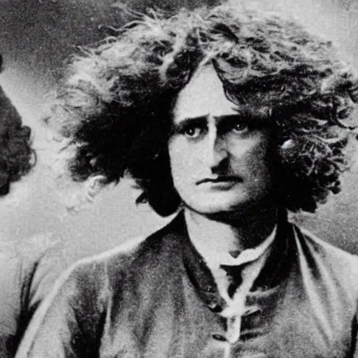 Image similar to a close - up old black and white photo, 1 9 1 3, depicting isaac newton wearing a big wig fighting gottfried leibnitz wearing a big wig in the streets of paris, rule of thirds, historical record