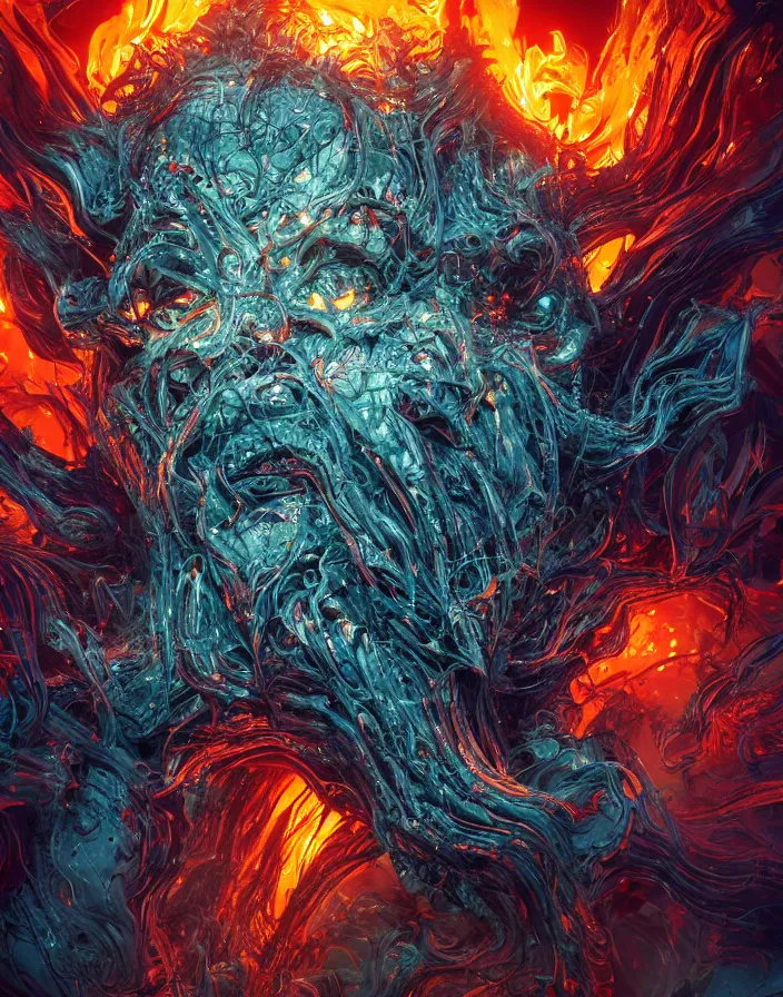 Image similar to horrific monster portrait. burning water distortions. intricate abstract. intricate artwork. by Tooth Wu, wlop, beeple, dan mumford. octane render, trending on artstation, greg rutkowski very coherent symmetrical artwork. cinematic, hyper realism, high detail, octane render, 8k, depth of field, bokeh. iridescent accents