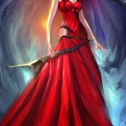 Image similar to a painting of a woman in a red dress, concept art by anne stokes, polycount contest winner, fantasy art, wiccan, concept art, tarot card