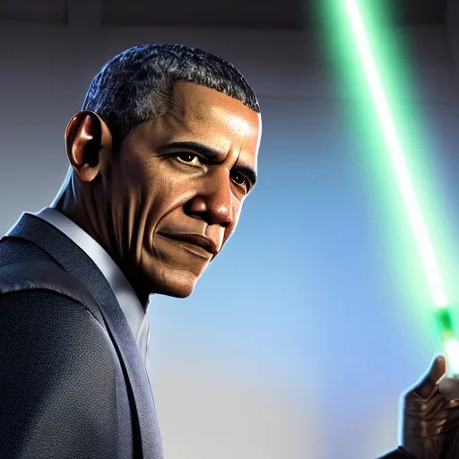 Prompt: a highly detailed photorealistic picture of barak obama in the jedi temple, unreal engine, epic, scene, cinematic