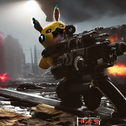 Image similar to pikachu in Gears of War, splash art, movie still, cinematic lighting, dramatic, octane render, long lens, shallow depth of field, bokeh, anamorphic lens flare, 8k, hyper detailed, 35mm film grain