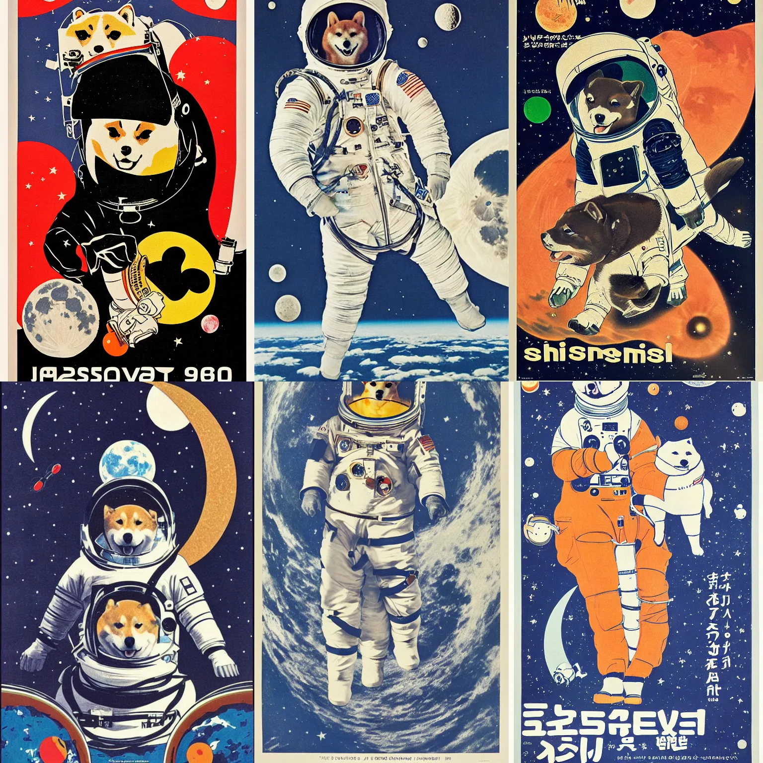 Image similar to Shiba Inu cosmonaut portrait, moon mission, 60s poster, 1968 Japanese