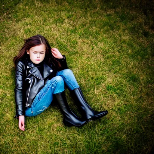 Image similar to young girl lies on a meadow, she wears leather jacket, jeans and black boots, sharp focus, photo taken by nikon, 4 k,