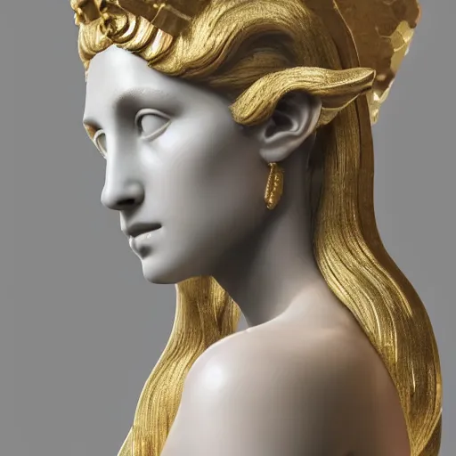 Prompt: side portrait of ariana grande in the form of a greek sculpture in marble, with a gold crown, baroque elements in the background, museum. intricate artwork by michelangelo. photorealistic. ultra detailed. flash. octane render. cinematic. 4 k bokeh.