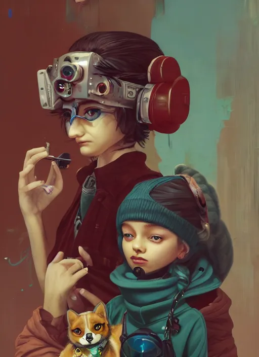 Prompt: beautiful portrait painting of a cute lofi cyberpunk princess girl and her corgi assassin king, by Afarin Sajedi, Alessandro Barbucci, Alex Gross, WLOP, Shohei Otomo, Josan Gonzalez, Kieron Gillen. trending on Artstation, 8k, masterpiece, face enhance, graffiti paint, fine detail, full of color, intricate detail, golden ratio illustration