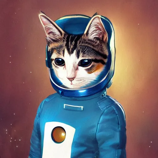 Image similar to head and shoulders masterpiece portrait of a cute adorable cat wearing a spacesuit, surreal background, digital art by krenz cushart, trending on artstation, cgsociety,