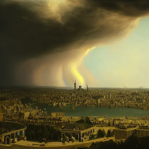 Image similar to a tornado made of dollar bills with dark clouds and city in the background by Ansel Adams and Bernardo Bellotto, oil on canvas, artstation, dramatic scenery, masterpiece, aesthetic