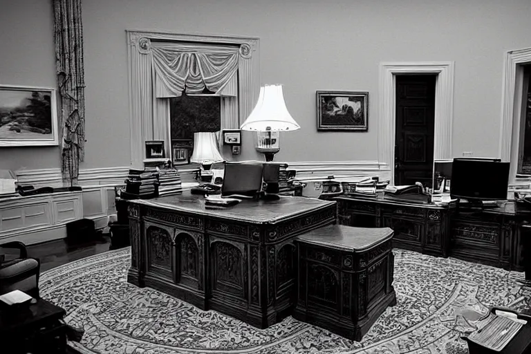 Image similar to giant crab attacking the oval office, in 2 0 1 2, bathed in the the glow of a crt television, low - light photograph, photography by tyler mitchell