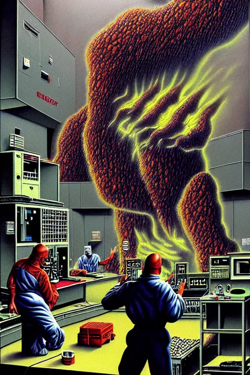 Image similar to a hyperrealistic detailed painting of a code red emergency at the nuclear power plant, radioactive radiation monster eating the laboratory by chris cunningham and richard corben, highly detailed, vivid color,