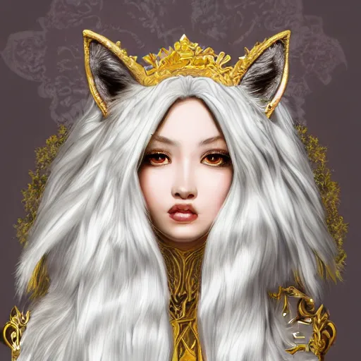 Image similar to commissioned full body furry portrait of a female anthro wolf-headed princess fursona with white hair wearing a white and gold chinese armored dress in a white and gold palace, by Wlop and jerry park, artstation, extremely detailed