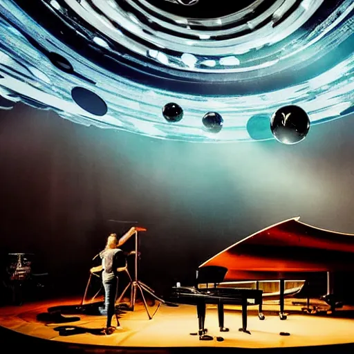 Image similar to a large scale art installation. big mirror floor reflect sphere and piano on center. space liquid planet visuals projected on single big suspended sphere inside giant and dark venue. live music piano concert. stage design. fog, hazer and light in dark