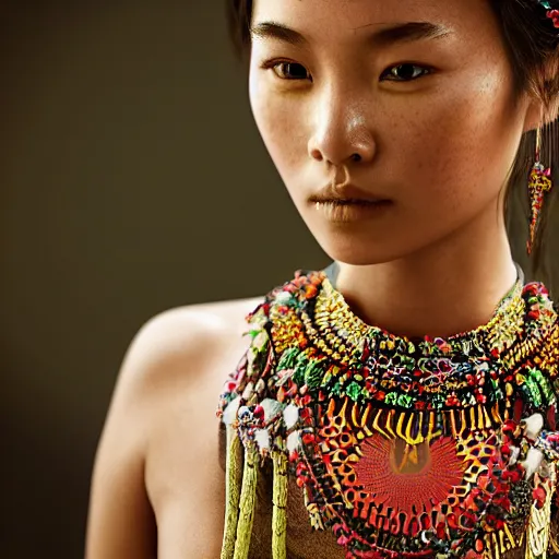 Image similar to portrait of a stunningly beautiful asian tribal female with lens flars and depth of field, zeiss lens, detailed, symmetrical, centered, fashion photoshoot, by Annie Leibovitz and Steve McCurry, David Lazar, Jimmy Nelsson, Breathtaking, 8k resolution, extremely detailed, beautiful, establishing shot, artistic, hyperrealistic, beautiful face, octane render