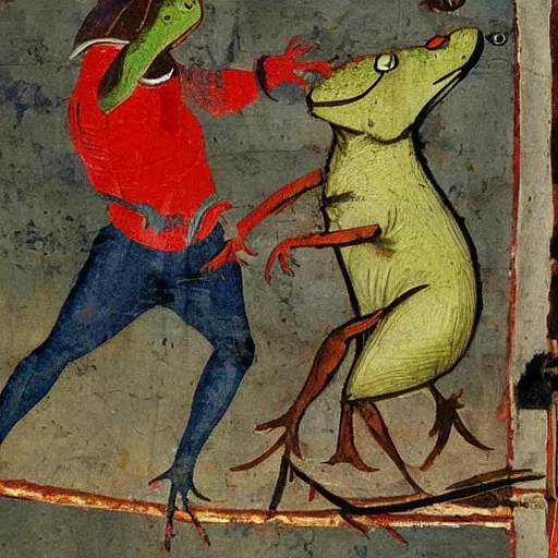 Prompt: wolf fights frog, medieval painting,