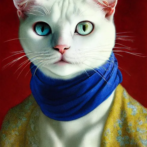 Prompt: a portrait of a male white cat with a black spot on his head with human blue eyes wearing a scarf, titian, sam spratt, maxfield parrish, gustav klimt, tom bagshaw, mark ryden, alphonse mucha, rembrandt, high quality, painting, oil