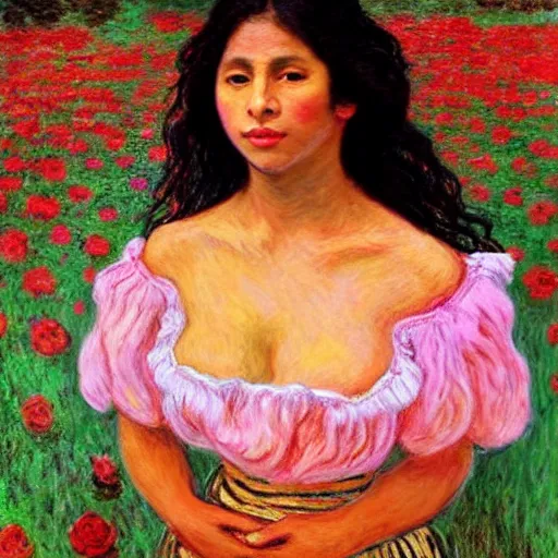 Image similar to beautiful tan mexican woman, full body, dancing in a field of roses and many other exotic flowers, prominent rosy cheek bones, black hair and brown eyes, monet and da vinci art style,