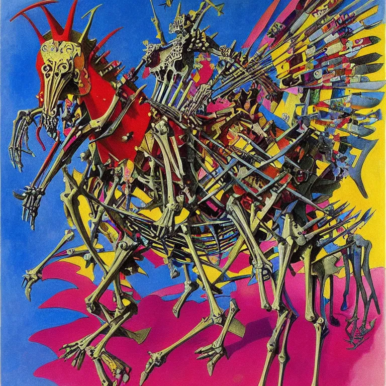 Prompt: vibrant painting by Kandinsky of a colorful vibrant RGB spiked horse skeleton with armored joints stands in a large cavernous throne room with halberd in hand, Massive shoulderplates. Extremely high detail, realistic, fantasy art, solo, masterpiece, bones, ripped flesh, by Zdzisław Beksiński, Arthur Rackham, Dariusz Zawadzki, Harry Clarke