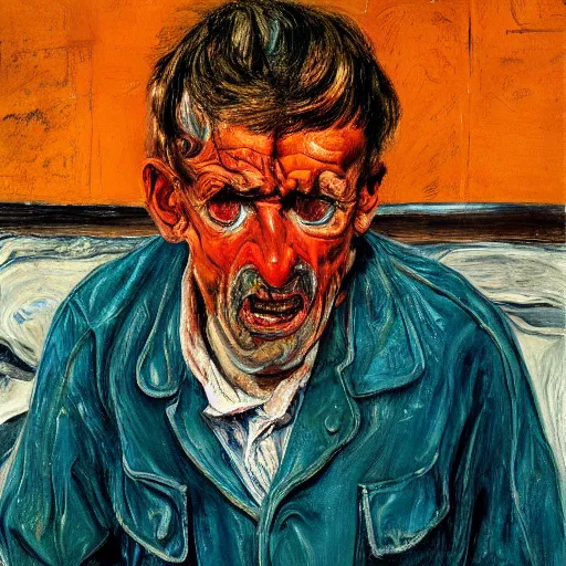 Prompt: high quality high detail painting of a man in agony by lucian freud and edvard munch and francis bacon, hd, poor beggar on the streets of london, turquoise and orange