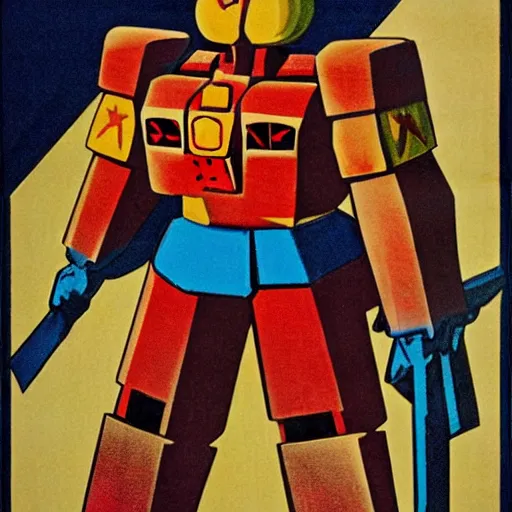 Image similar to detailed soviet propaganda poster of a gundam holding a pickaxe