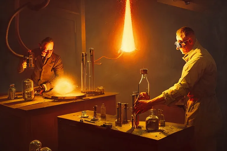 Image similar to scientist performing a explosive experiment by otto dix and greg rutkowski and andreas rocha, cinematic lighting, highly detailed, warm colours, 8 k