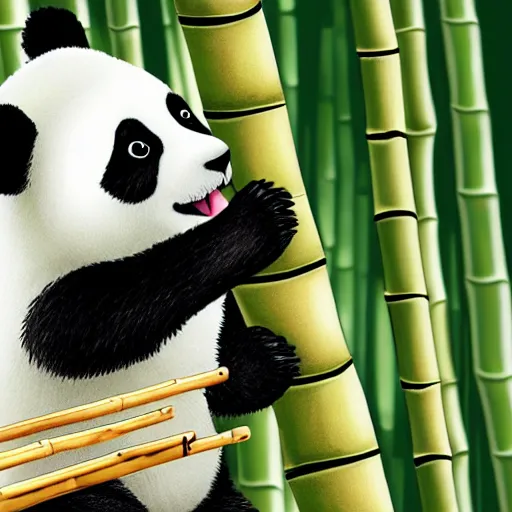 Image similar to a cute panda playing wooden flute in a bamboo forest