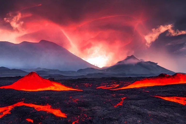 Prompt: a detailed volcanic landscape , violent clouds in the sky with glowing red eyes in the sky