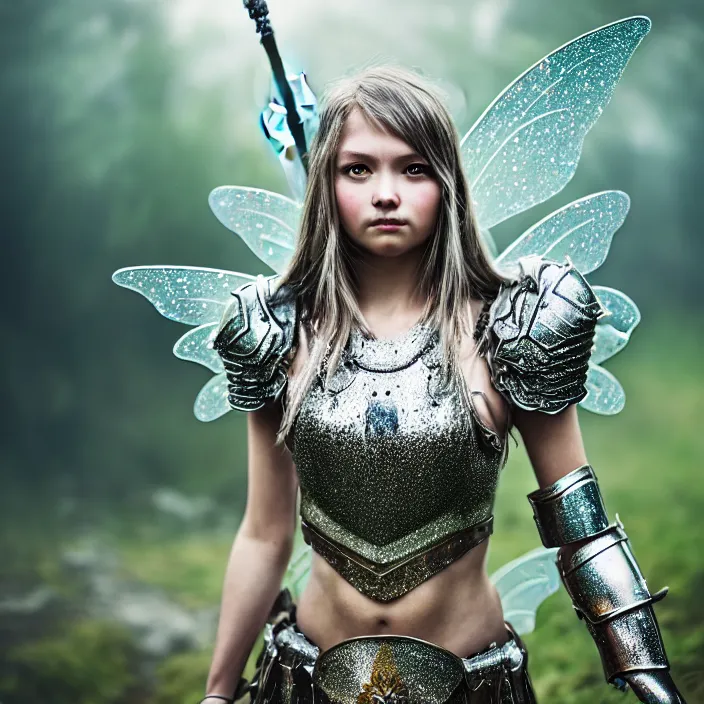 Prompt: full length photo of a fairy warrior wearing sparkling armour, highly detailed, 4 k, hdr, smooth, sharp focus, high resolution, award - winning photo