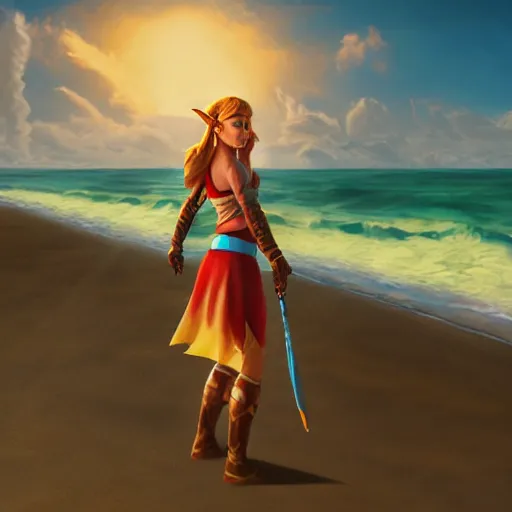 Image similar to a hyper real comic book style portait painting of zelda on the beach walking to the ocean, unreal 5, hyperrealistic, octane render, cosplay, rpg portrait, dynamic lighting