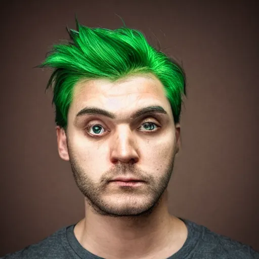 Image similar to a sad man with green hair