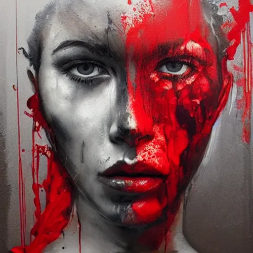 Prompt: portrait of woman with two faces covered in red dripping paint, artwork by guy denning and charlie bowater,